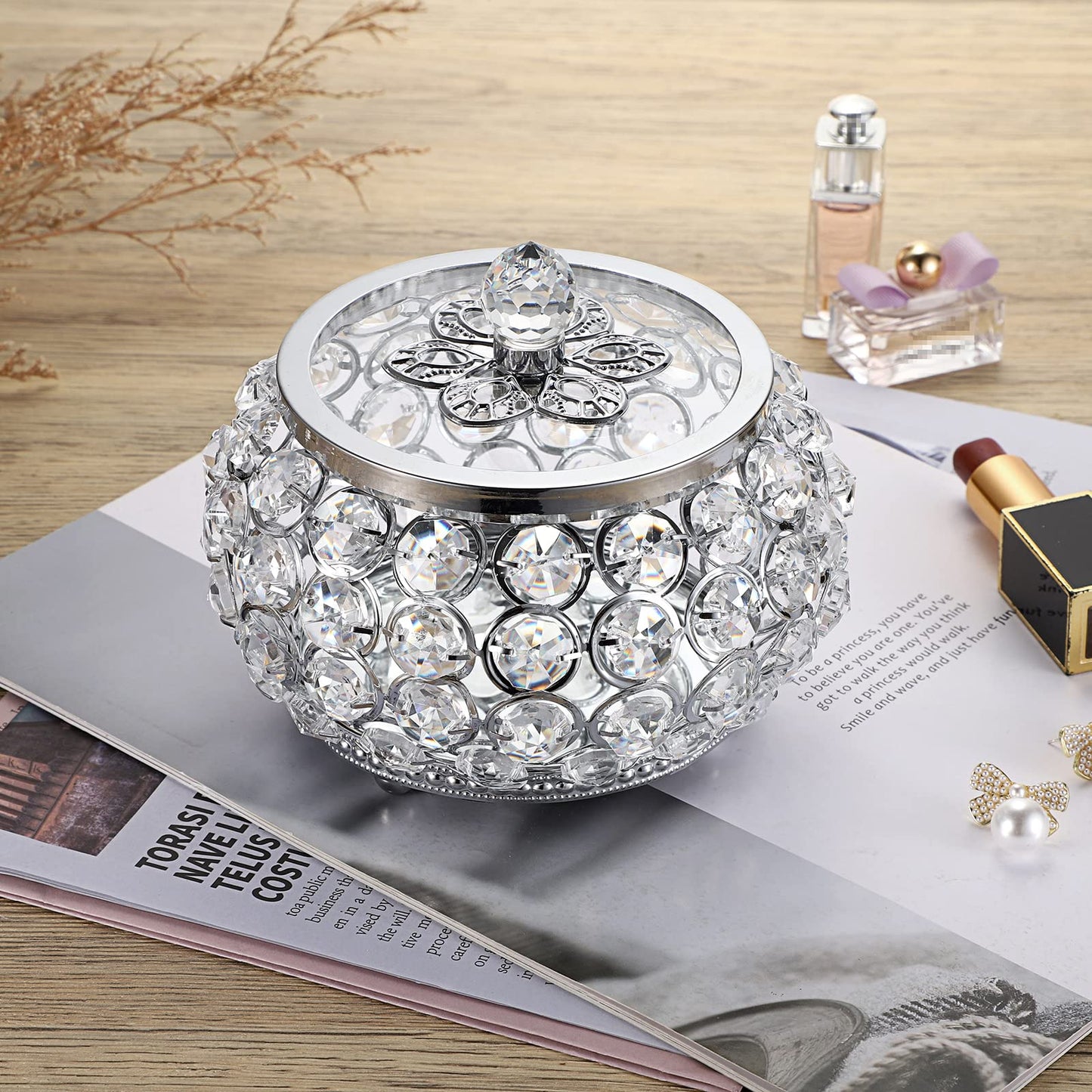 Hipiwe Crystal Jewelry Trinket Box with Glass Lid Silver Mirrored Treasure Box Decorative Jewelry Box Ring Earrings Necklace Storage Keepsake Box Gift for Women