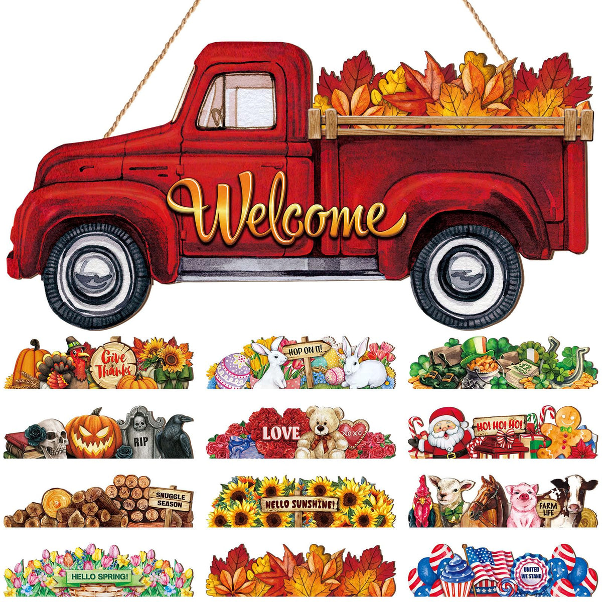 Ferraycle 13 Pcs Fall Interchangeable Welcome Sign, Red Truck Door Hanger with 12 Seasonal Signs, Holiday Christmas Rustic Farmhouse Front Door Decor
