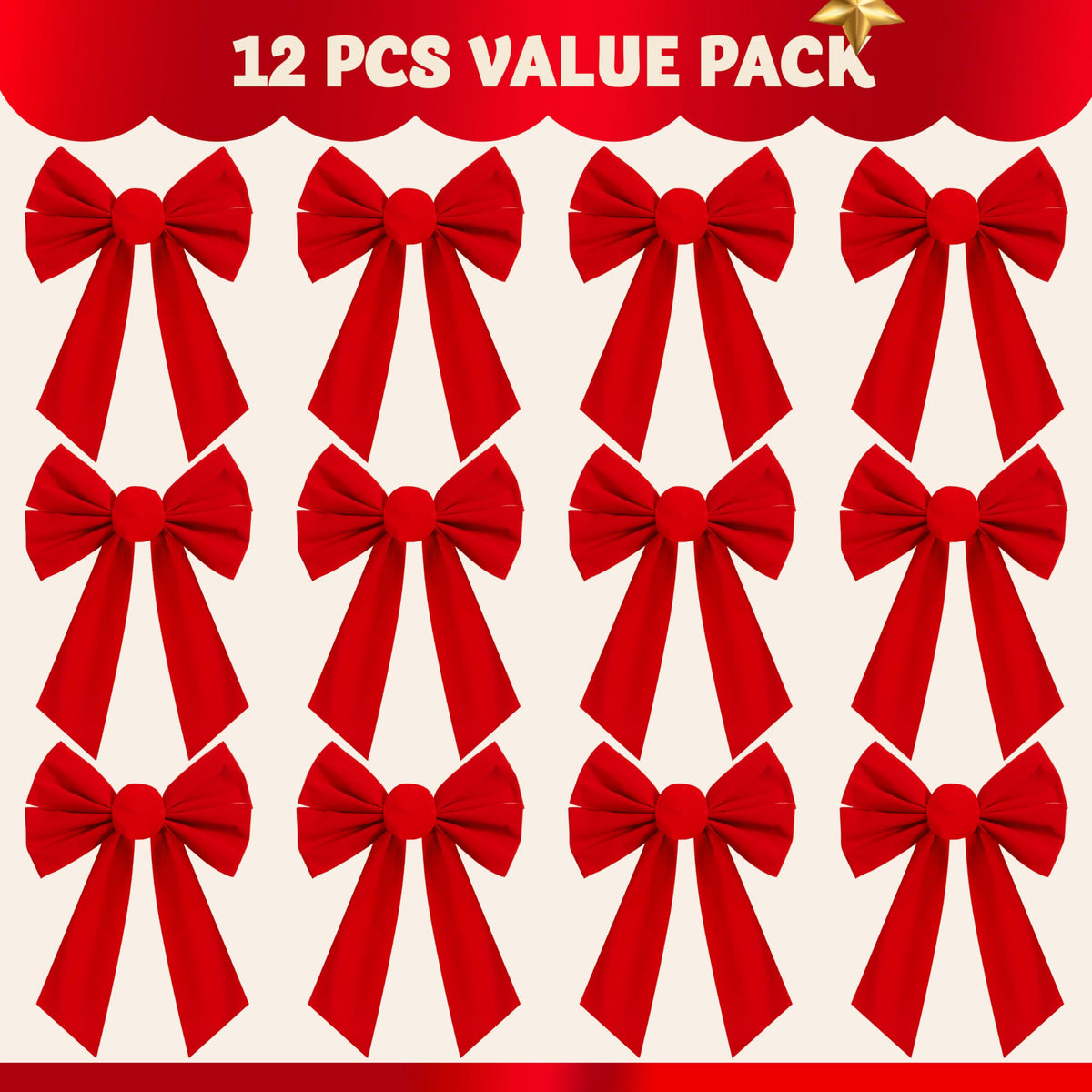 JOYIN 12 Pack Christmas Red Velvet Bows, 13" Long by 9" Wide Decorative Christmas Bows for Wreath Garland Tree Decor, Indoor Outdoor Holiday Decoration