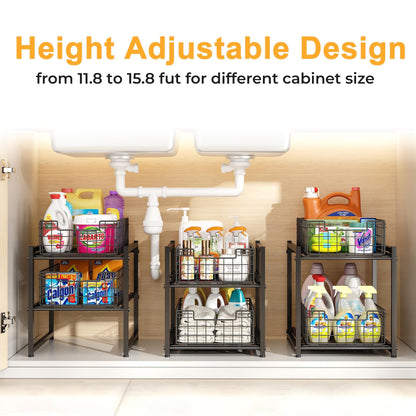 Under Sink Organizer, 2-Tier Pull Out Cabinet Organizer, Kitchen Bathroom Organizer and Storage, Spice Rack for Kitchen, Multi-use Sliding Drawers Shelves, Pack of 2