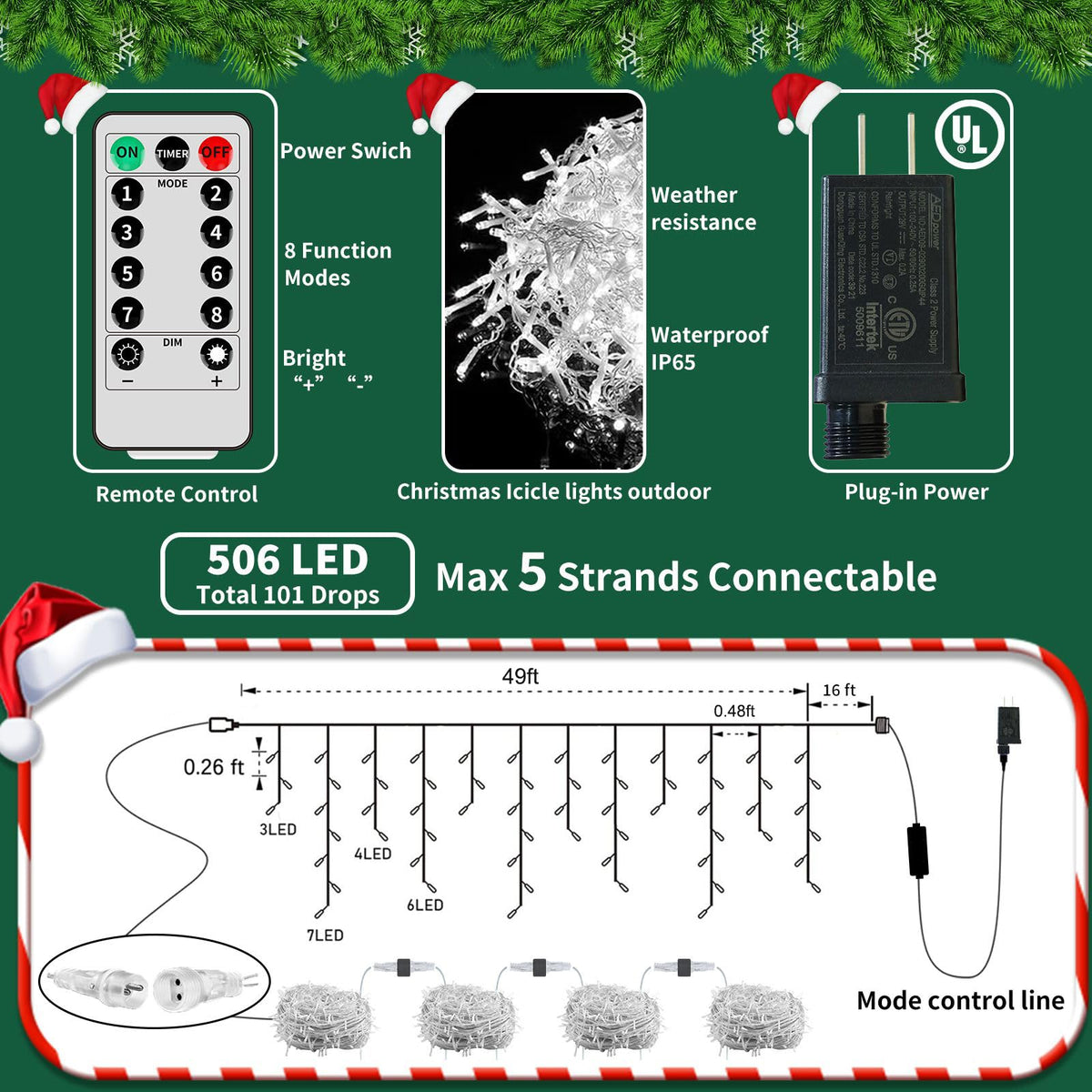 Ryblgled Icicle Christmas Lights for Outside - 65Ft 506 LED Plug-in Icicle String Lights Outdoor Decorations with Remote,Waterproof, Cool White Christmas Icicle Lights for House Bedroom Balcony Decor