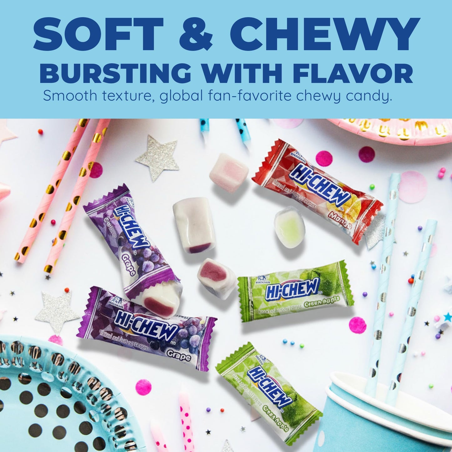 HI-CHEW Assorted Bulk Candy Bag, Green Apple Strawberry Mango Grape, Soft & Chewy Candy 2.2lb - 185+ Pieces Individually Wrapped - Made with Immensely Juicy Fruity Flavors