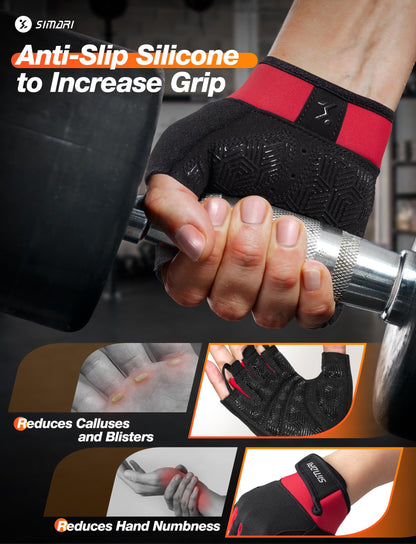 SIMARI Breathable Workout Gloves for Men & Women, Weight Lifting Gloves with Padded, Grip, Full Palm Protection, Gift for Gym Exercise, Cycling, Weightlifting Training, Fitness, Red, Size S