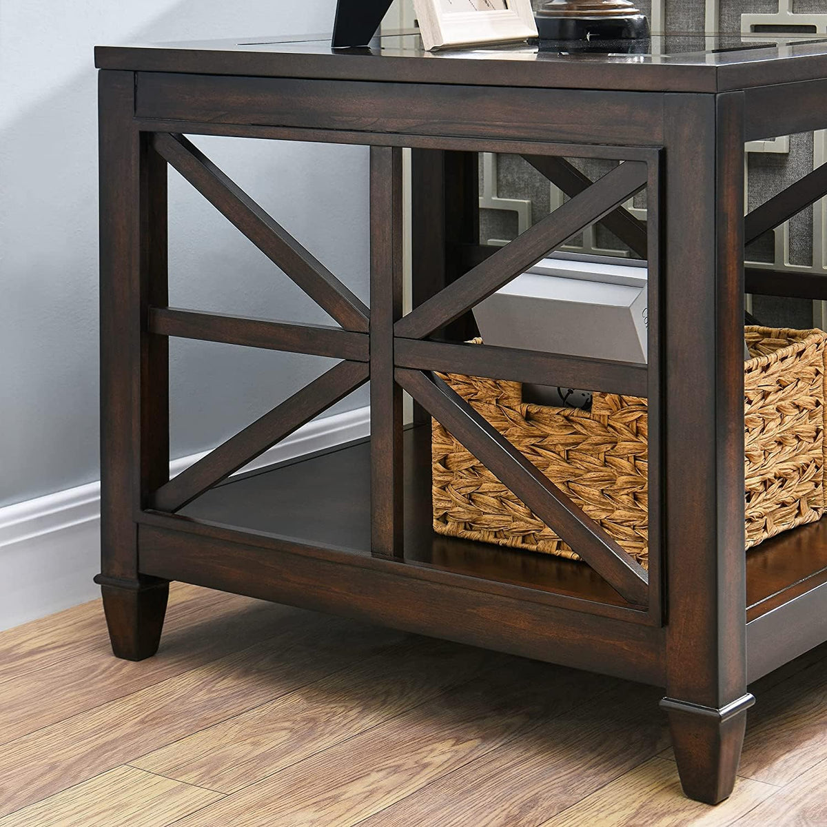 BAXMUY Solid Wood End Table with Tempered Glass Top, 28" x 24" Large Farmhouse Side Table for Living Room, Bedroom & Office, Vintage Walnut