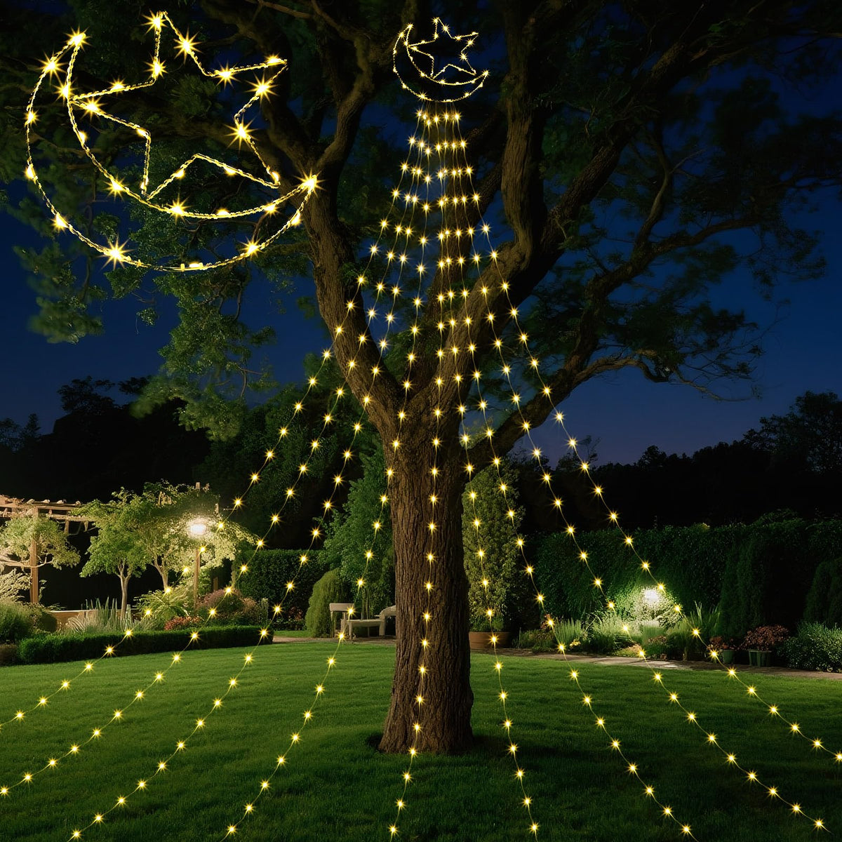 Glooglitter Ramadan Mubarak Eid Moon Star Lights Outdoor Decor 11.5ft Warm LED Waterfall Lights Extension Cord USB Powered for Tree Outside Yard Garden Patio Wall Porch Decorations