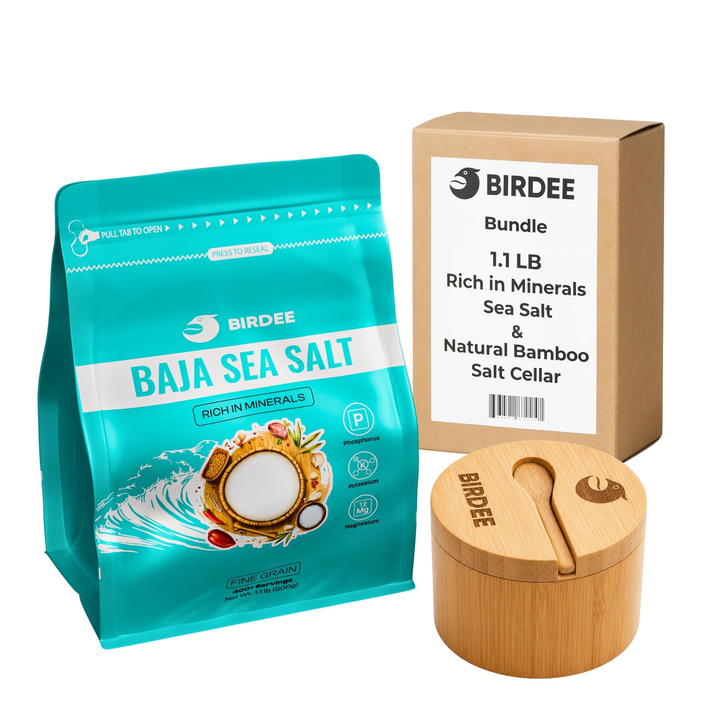 Birdee Premium Culinary Bundle – 17.6 oz Baja Sea Salt & Bamboo Salt Cellar: Fine Grain, Solar Dried, Hand-Harvested, Unrefined, with Durable 100% Bamboo Storage