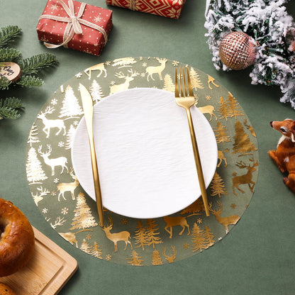 100 Pcs Christmas Placemats 13 Inch Gold Reindeer Mesh Place Mats Disposable Round Cute Elk Snow Forest Xmas Table Mat for Winter Seasonal Holiday Party Decor Kitchen Dining Room Farmhouse Home Decor
