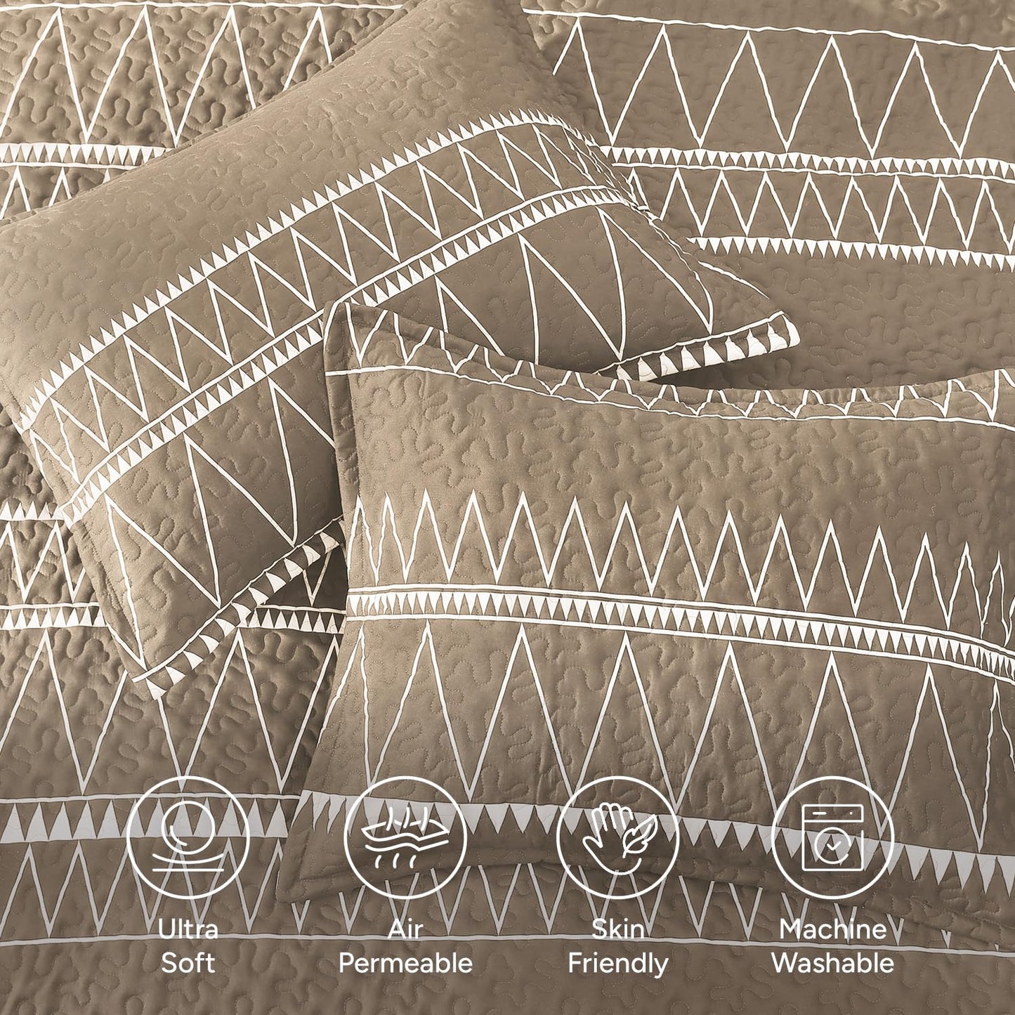 Andency Taupe California King Quilt Set, 3 Pieces Boho Lightweight Soft Striped Cal King Bedspread for All Season (112"x104"), Printed Bohemian Polyester Reversible Coverlet Comforter Sets