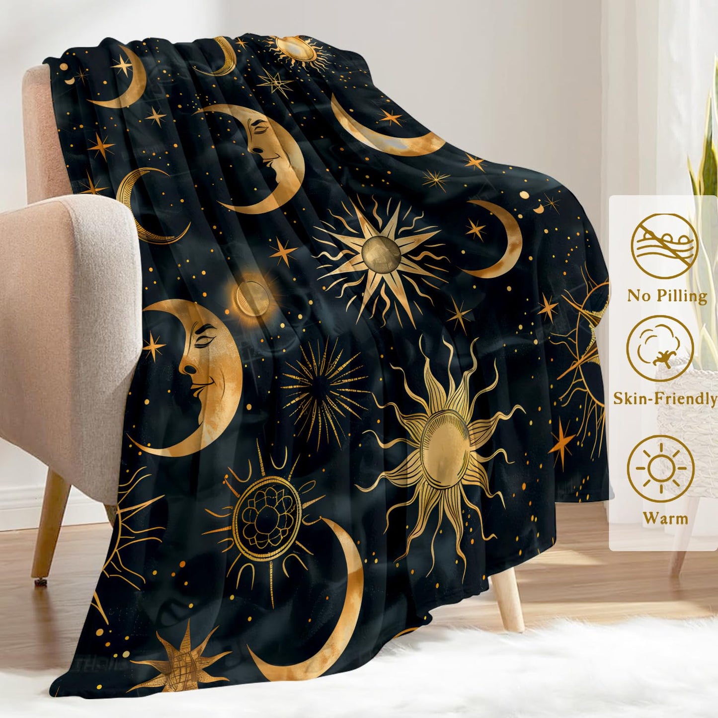 ainori Celestial Flannel Blanket - Sun, Moon, and Stars Throw,Playful Gifts for Adult & Mystical Lovers, Ultra Soft & Warm,Lightweight, for Couch Bedroom Living Room Modern Decor 50x60in