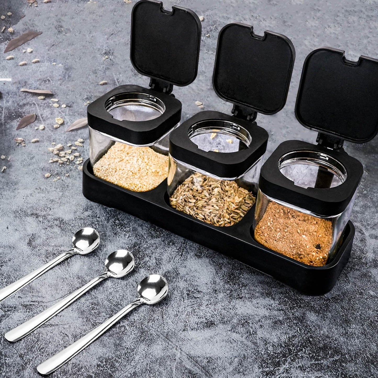 JEPELUS 3 Pcs Condiment Jar Spice Container with Lids and Spoons, Clear Glass Salt and Sugar Container Sets, Square Condiment Canisters Pots Seasoning Box for Kitchen Countertop (Black)