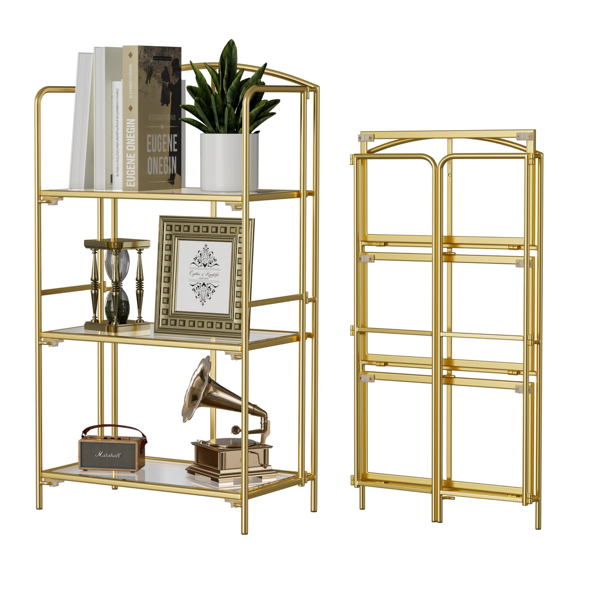 Crofy 3-Tier Foldable Bookshelf, Gold Frame & Transparent Shelves