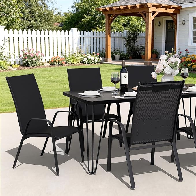 JEAREY Patio Dining Chairs Set of 4, Outdoor Stackable Dining Furniture Set, All Weather Dining Set for Lawn, Garden, Backyard, Poolside, Black