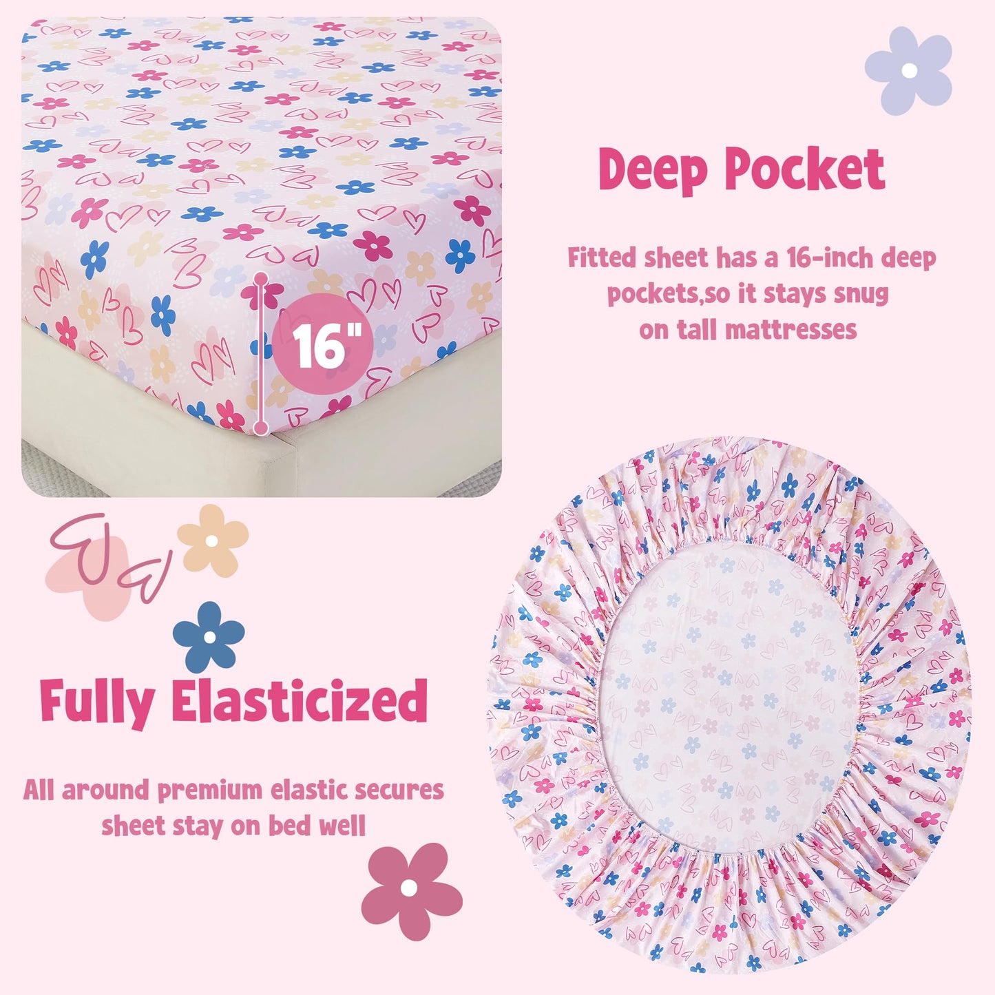 CozySmile Full Sheet Set Kids,4 Pieces Breathable Soft Microfiber Bedsheets for Child Girls, Oeko-TEX, Anti Pilling Deep Pockets Easy Care Bed Sheets, Heart