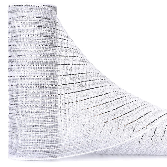 Ribbli White Metallic Mesh Ribbon White with Silver Foil and Glitter Strip,Christmas Ribbon for Christmas Tree Wreath Swags Wedding Garland 10 inch x 30 feet(10Yard)