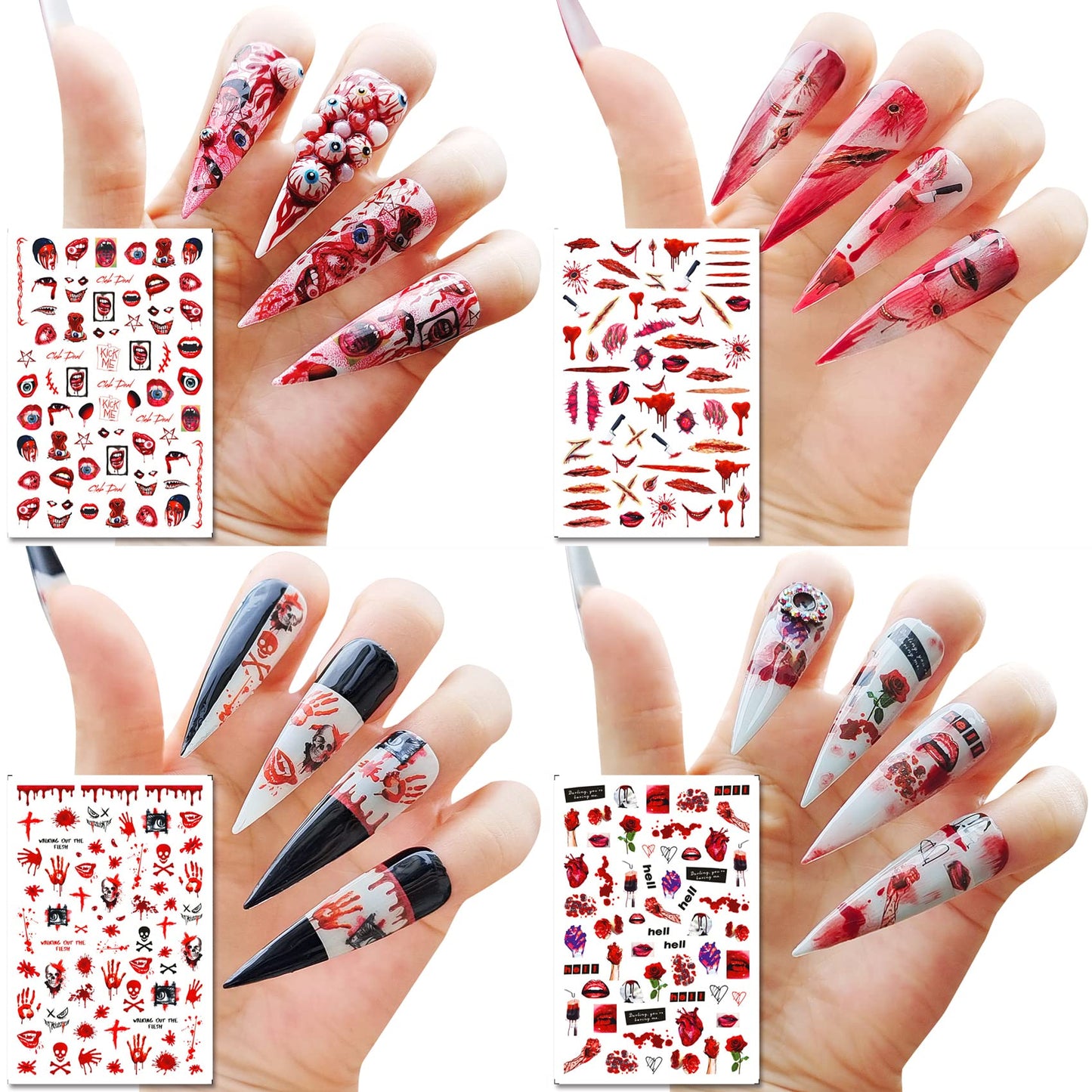 TailaiMei 12 Sheets Halloween Nail Stickers, 3D Horror Scream Scary Wound Scar Bloody Self-Adhesive Gothic Nail Art Decals for DIY Nail Decorations (Bleading Style)