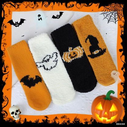 Zando Women's Fuzzy Halloween Socks, Non Slip Slipper Ghost Print, Cozy Fluffy Warm Fall Sleep Socks D Ghost print One Size