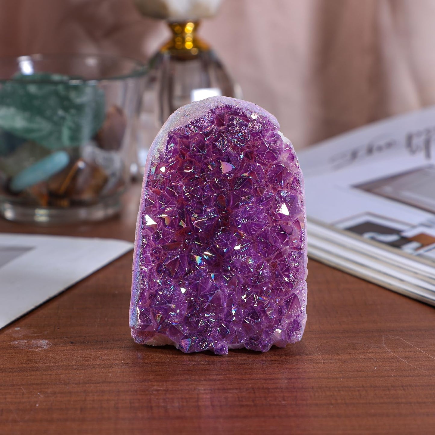 Sportmusies Irregular-Shaped Titanium Coated Rock Crystal Cluster Specimen Reiki Healing Meditation Home Office Decoration, Purple