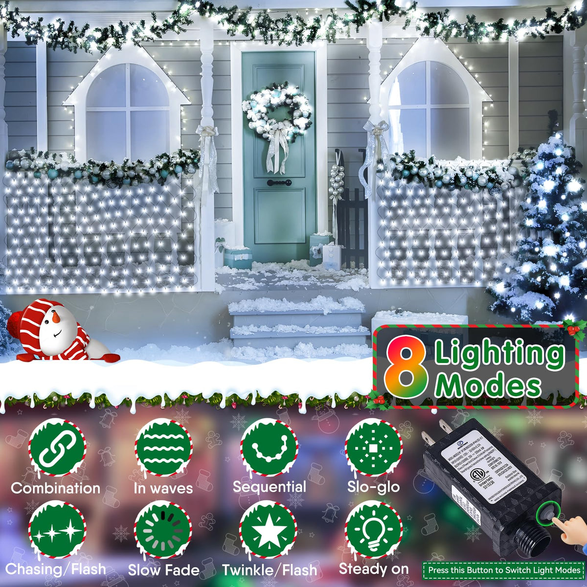 Hezbjiti Christmas Net Lights Outdoor 200 LED 6.9FT x 5.4FT Green Wire with 8 Modes, Connectable Plug in Waterproof, Timer Memory Function for Xmas Tree Bush Porch Lawn Windows Decor（2 Pcs Cold White