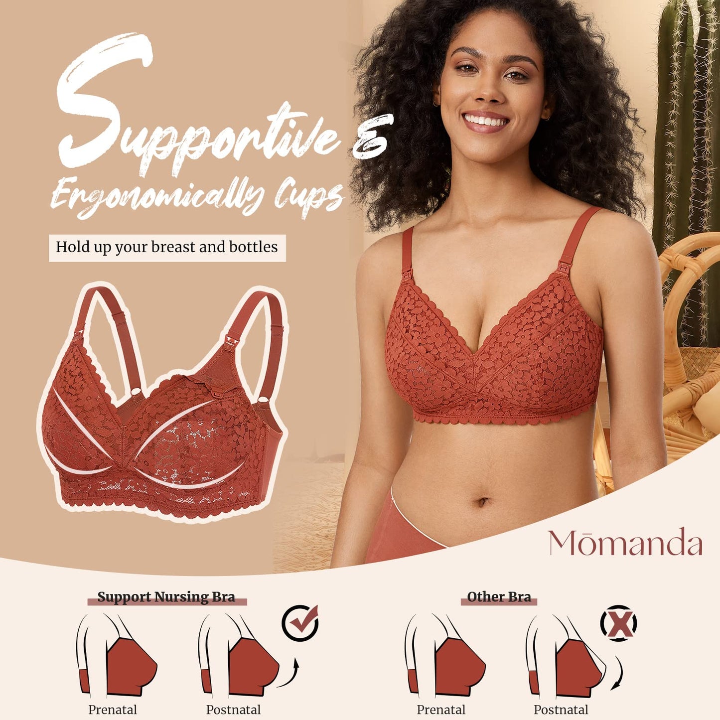 MOMANDA Women's Pumping Bra Hands Free Cute Lace Support Nursing Bras for Maternity Breast Pumpkin 38D