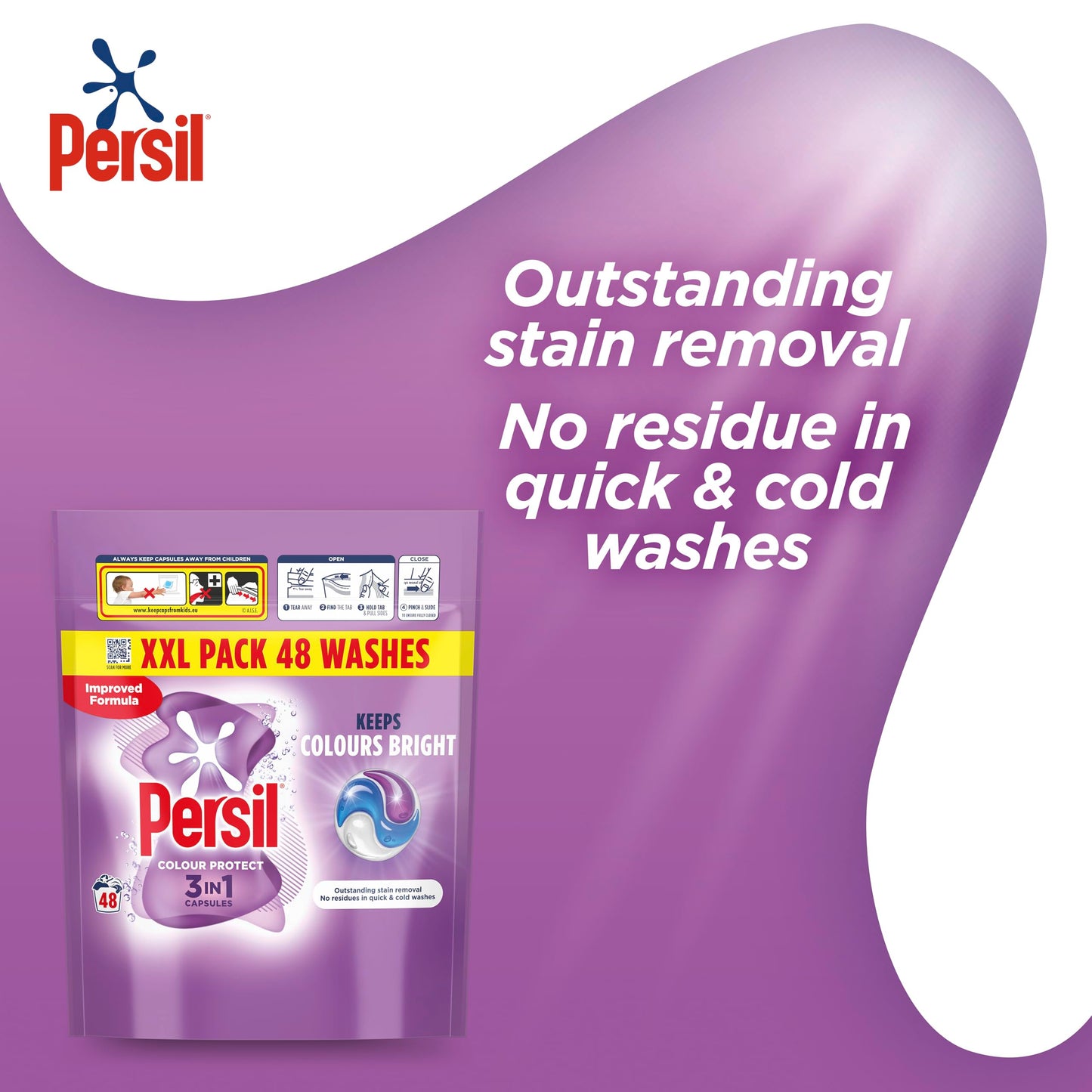Persil Colour Protect 3 in 1 Washing Capsules keeps colours bright outstanding stain removal in quick & cold washes 48 washes