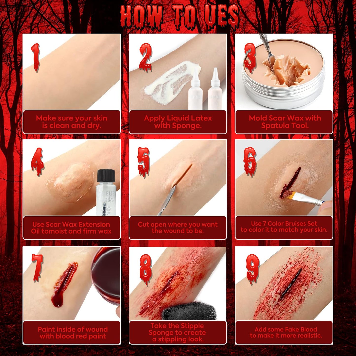VIOLA HOUSE SFX Makeup Kit, Halloween Special Effects Makeup, 6 Colors Bruise Wound Face Body Paint + Scar Wax + Scar Oil + Liquid Latex + Fake Blood + Spatula + Stipple Sponge + Brush.
