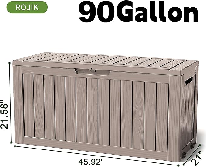ROJIK Outdoor Storage Housing Deck Box - Waterproof Patio Furniture, Garden Tools, Cushions, Pool Accessories Storage Bench with Lockable Lid and Side Handles (Grey 90 Gal)