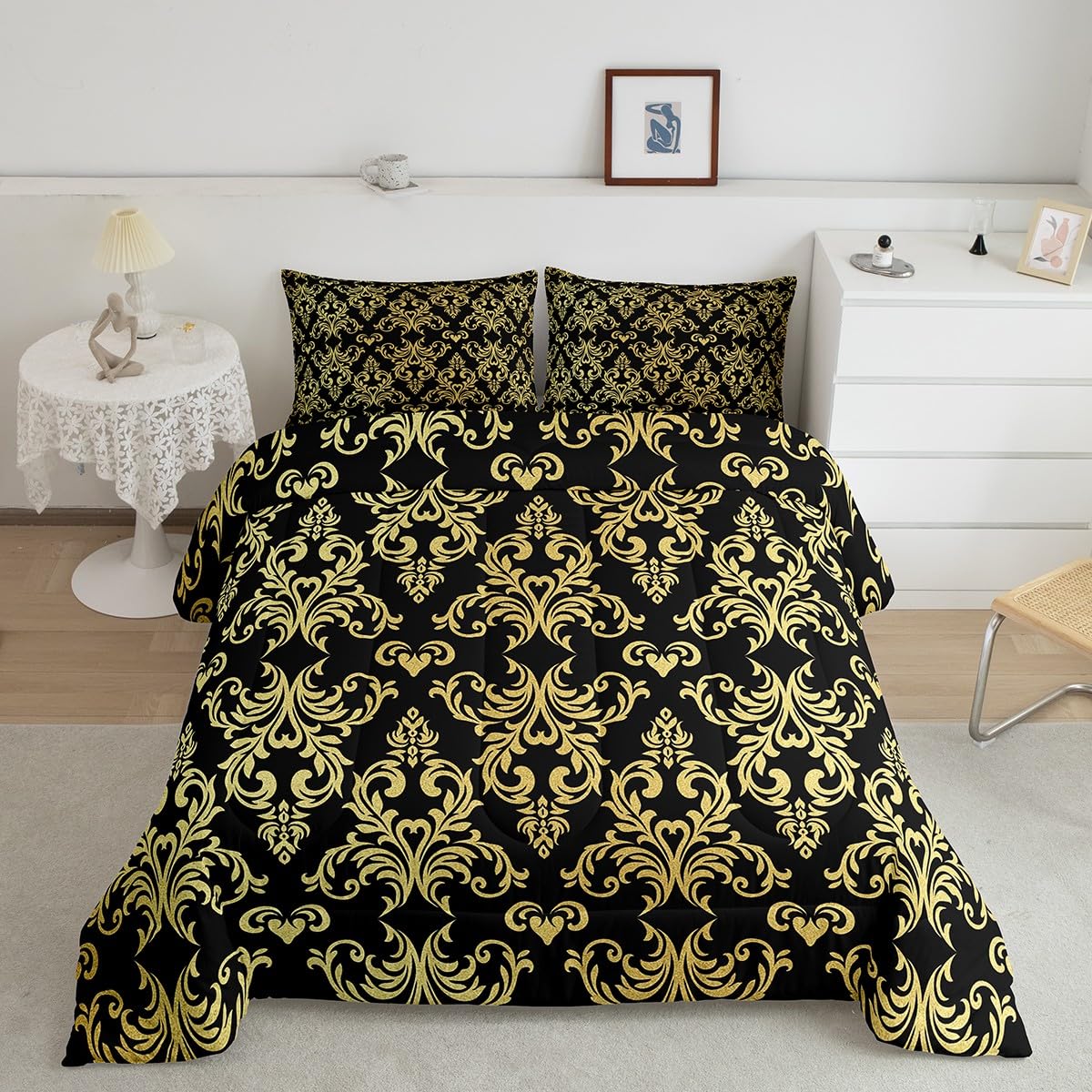 Feelyou Jacquard Bedding Set,Twin Size Floral Comforter Set for Adults & Teens,Boho Damask Duvet Set with Black & Gold Quilt,2Pcs