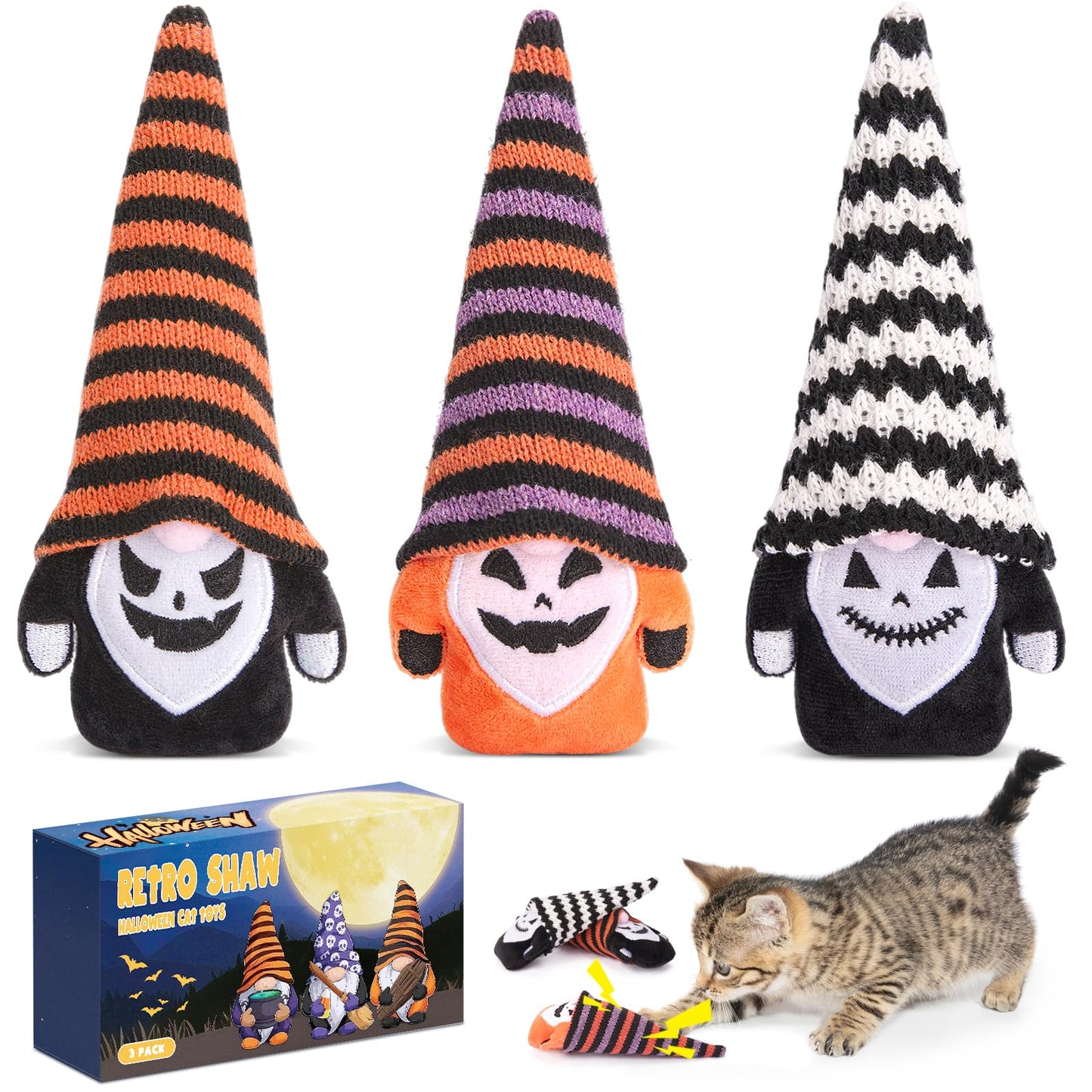 Retro Shaw Cat Toys, Halloween Gnomes 3Pcs, Crinkle Sound Catnip Toys for Indoor Cats Kitten, Interactive Cat Nip Chew Kitty Kicker Toy for All Breeds