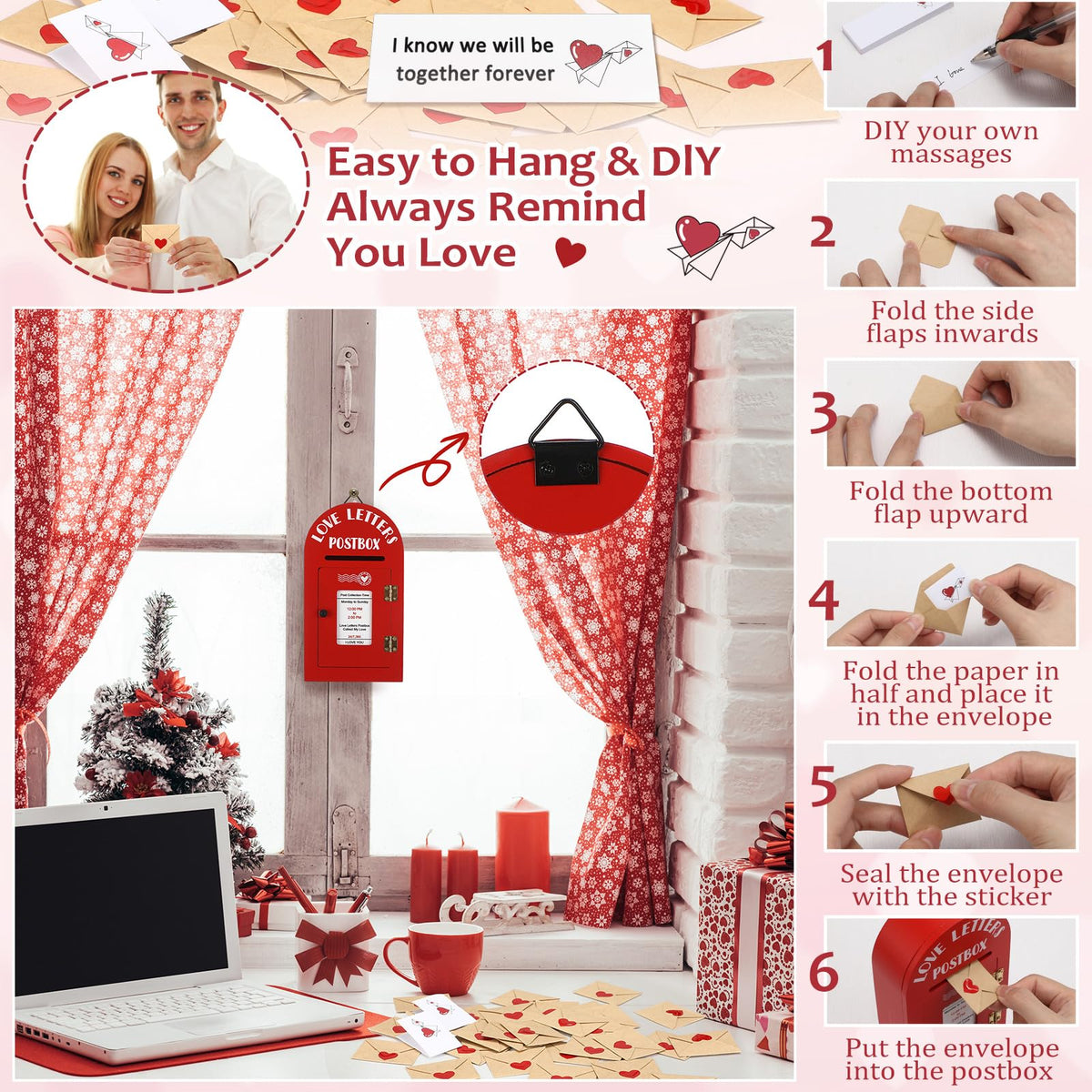 Faccito Romantic Love Postbox with 60 Mini Love Notes and Envelopes Loveletters for Mother's Day Him Long Distance Relationship Gifts for Husband Boyfriend Couple Mother's Gifts(Red,Classic)