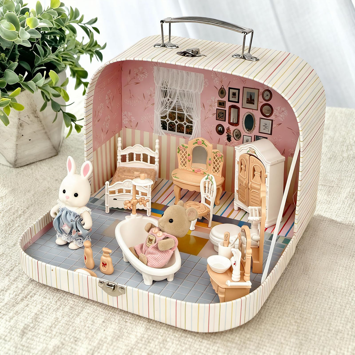 TUZT Suitcase Dollhouse Furniture Set for Kids, Mini Dollhouse Box with 2 Flexible Dolls and Bedroom&Bathroom Furnitures, Pretend Play Accessories Christmas Birthday Gift for Toddlers Ages 3+
