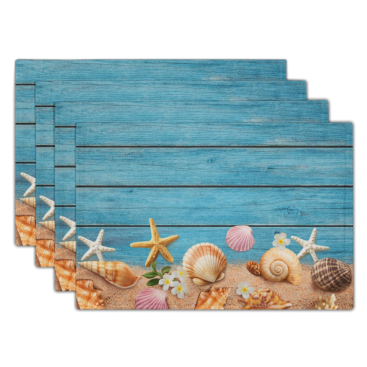 Granbey Nautical Placemats - Coastal Beach Place Mats Set of 4 Navy Blue Summer Wooden Seashell Beachy Cloth Table Mats for Kitchen Home Decor Dining Table