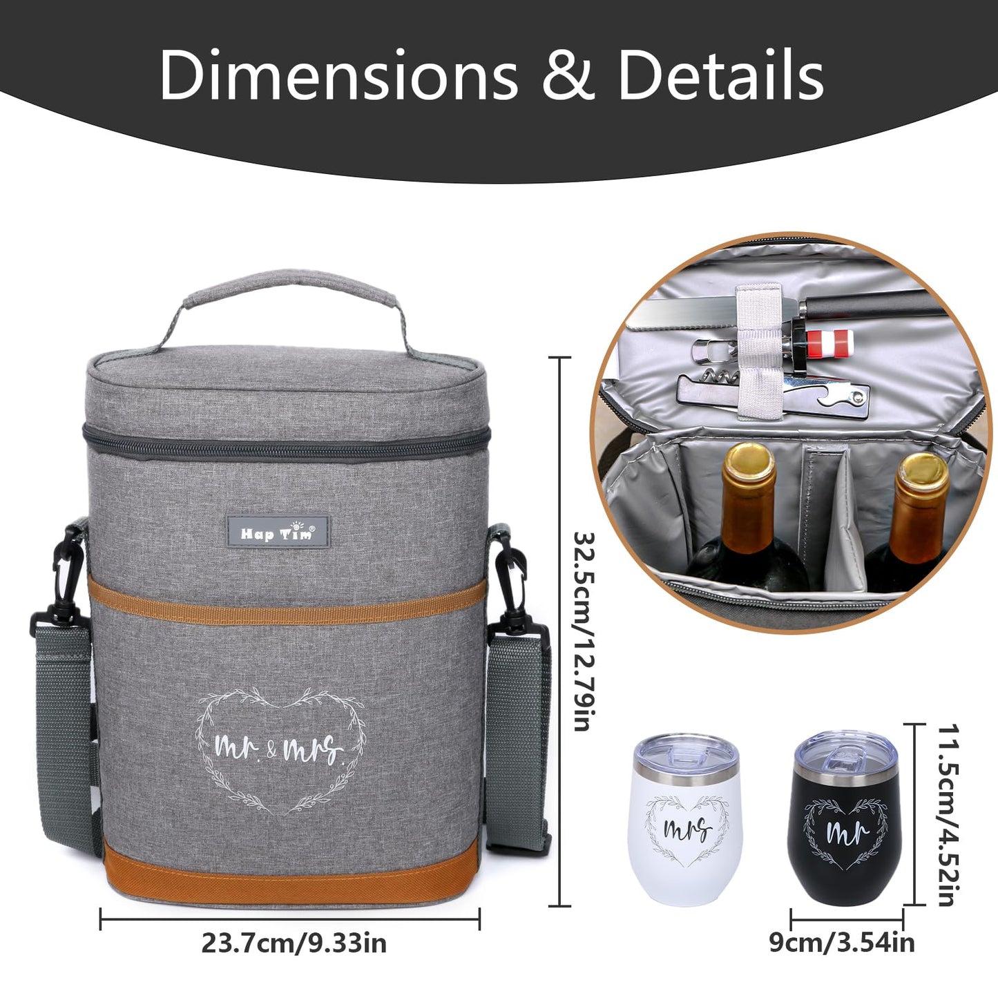 Hap Tim Wedding Gifts for Couples, Bridal Shower Gifts, Engagement Gifts for Newlyweds, Mr and Mrs gifts - Wine Cooler Bag Insulated Wine Carrier Tote with Tumblers, Bamboo Cheese Borad (13624-G2)