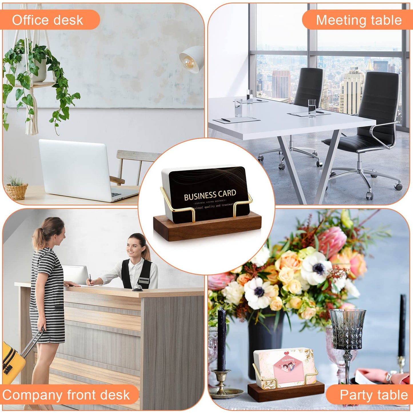 Amyhill 4 Pcs Wood Business Card Holder Display for Desk Metal Wooden Name Card Organizer Business Display Holders for Women Men Office Home Decoration(Gold)