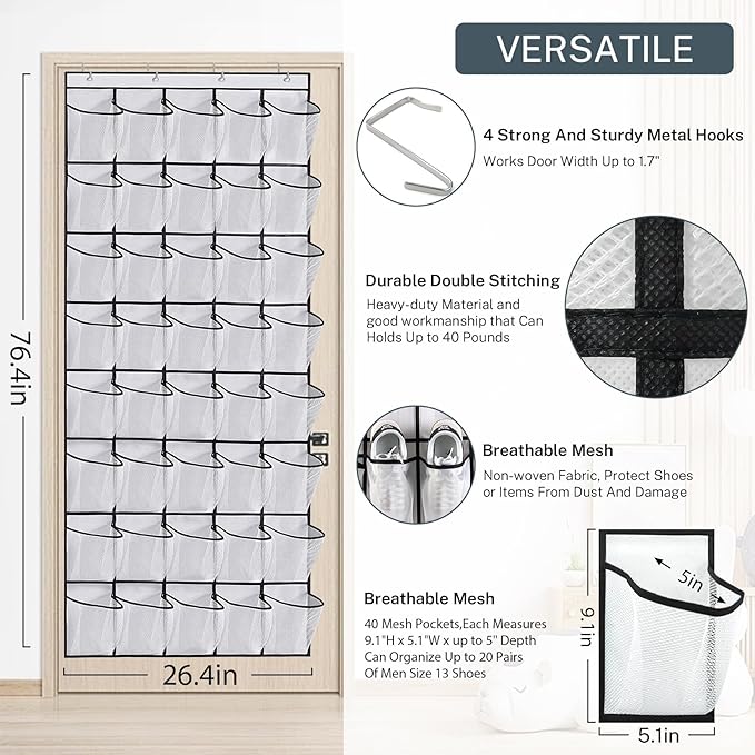 40 Large Mesh Pocket Over the Door Shoe Organizer, Hanging Shoe Rack