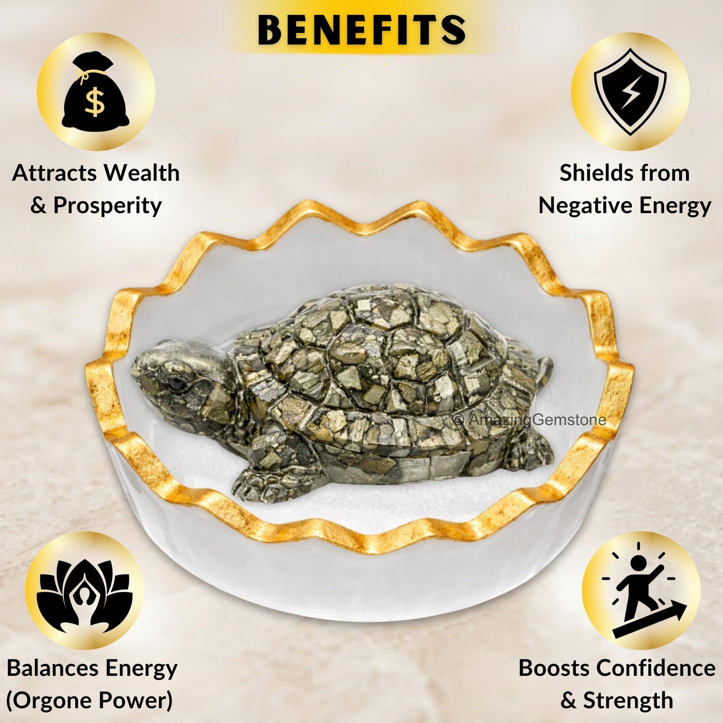Amazing Gemstone Natural Pyrite Crystal Tortoise with Selenite Bowl | Feng Shui Turtle for Good Luck, Wealth & Positive Energy | Spiritual Home Decor Gift for Office & Meditation