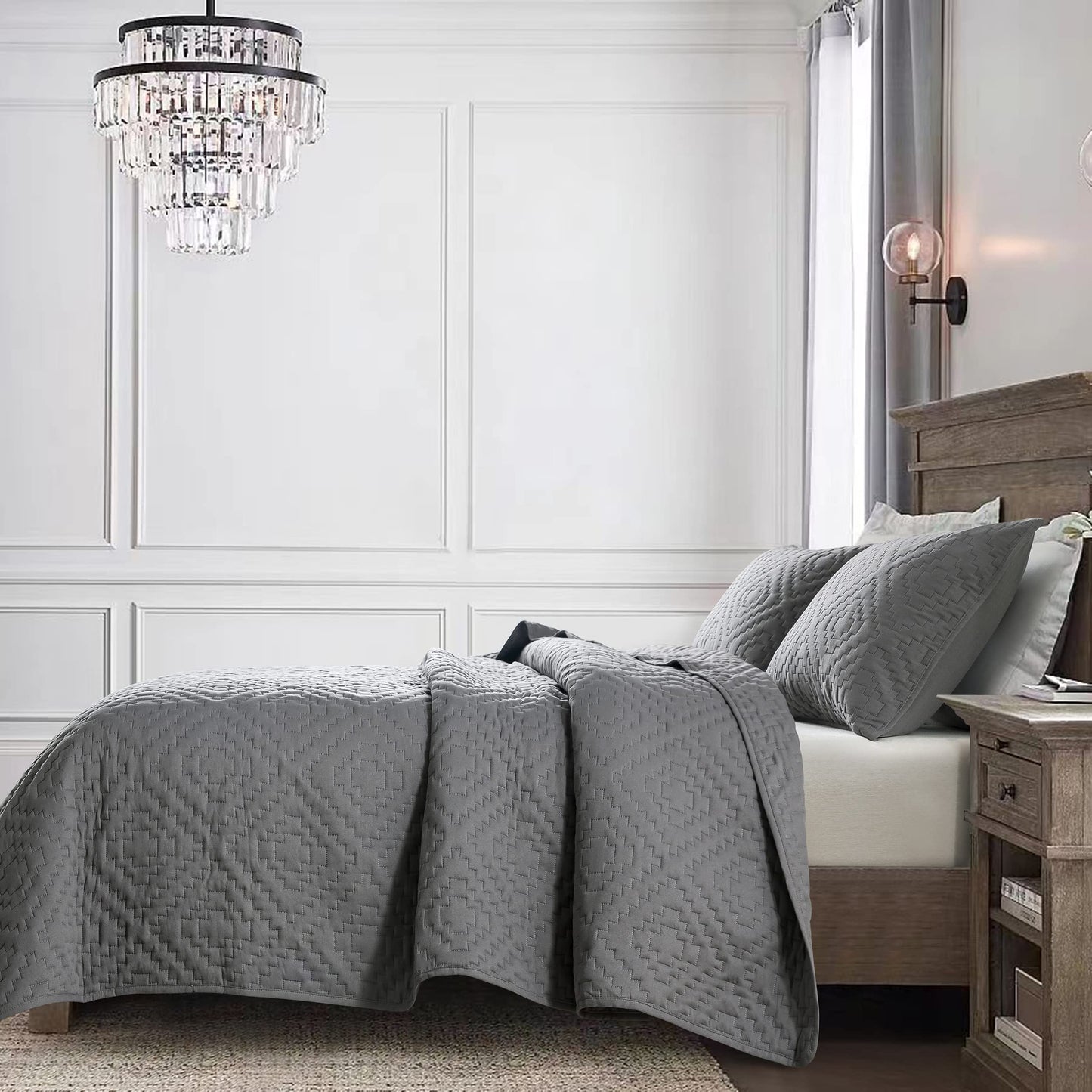 R.SHARE Dark Grey Queen Size Quilt Bedding Sets with Pillow Shams, Boho Full Lightweight Soft Bedspread Coverlet, Quilted Blanket Thin Comforter Bed Cover for All Season, 3 Pieces, 90x90 inches