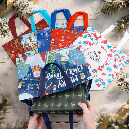 Iioscre 8 PCS Large Christmas Gift Bags With Handles, Non Woven Reusable Holiday Treat Bags for Gifts, 12.8 x 9.8 x 6.7in