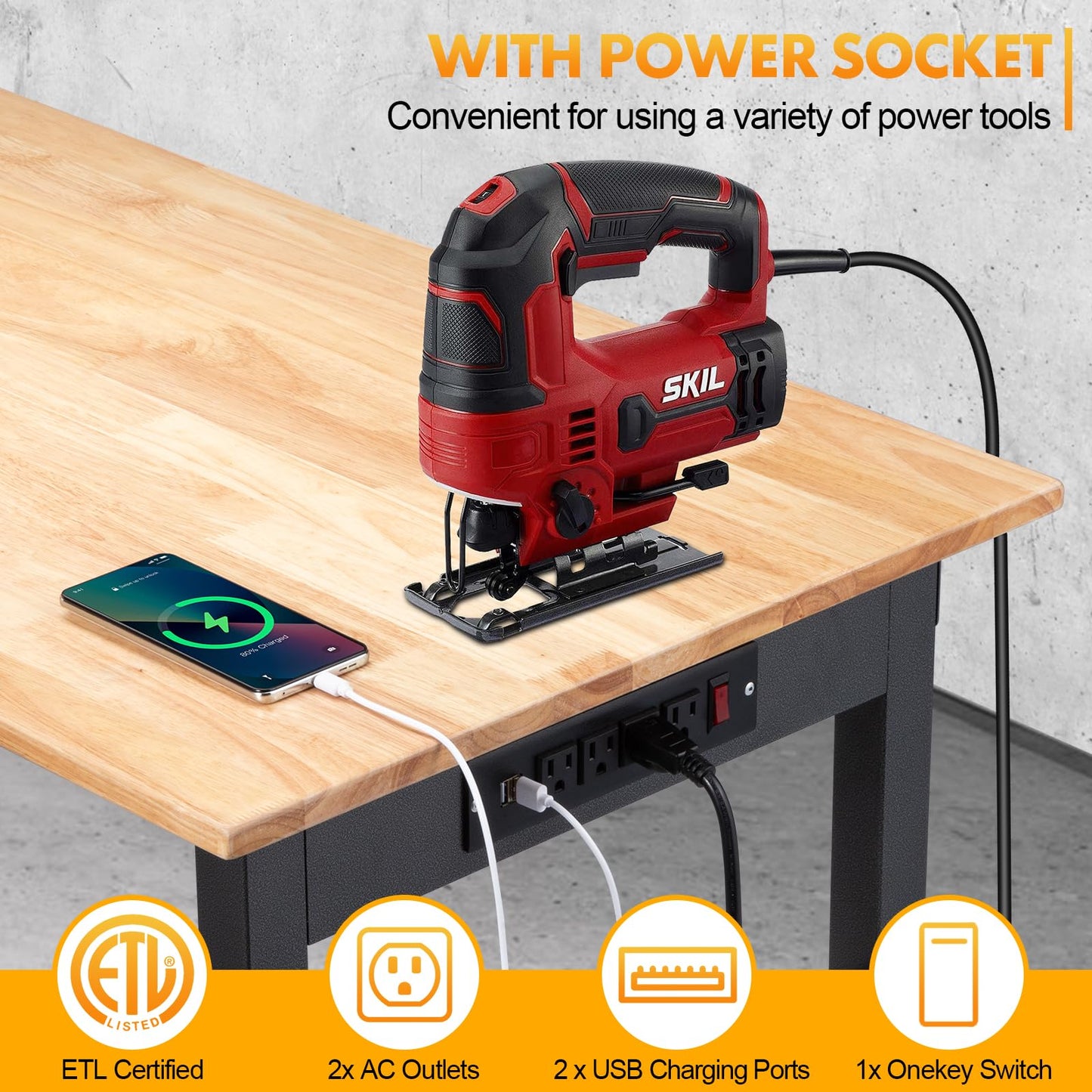 GVGBUK 48" Height Adjustable Workbench, 2000 LBS Load Capacity Rubber Wood Top Workstation, Heavy-Duty Hardwood Worktable for Garage Workshop (with Wheels and Socket,48'')