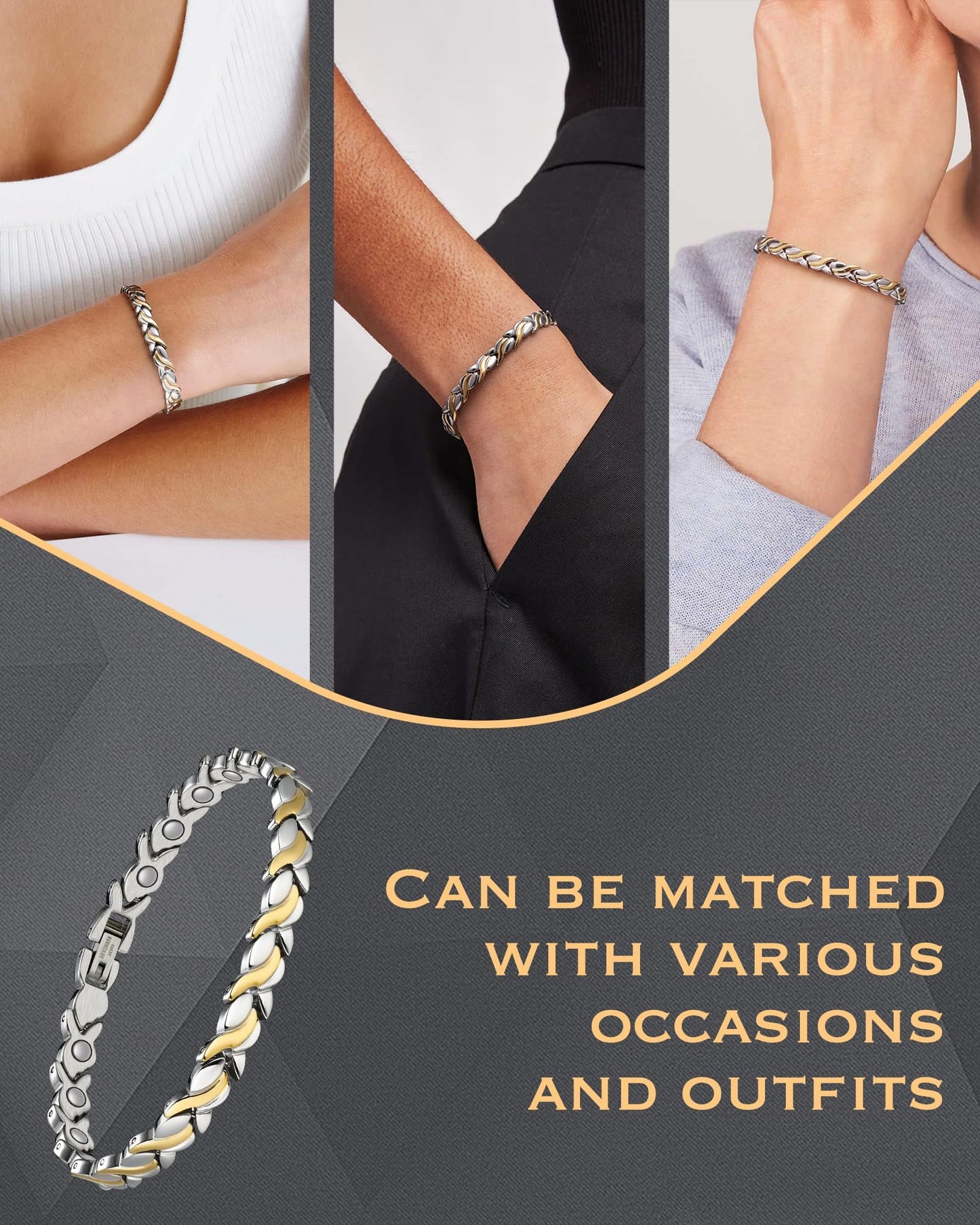 Jeracol Magnetic Bracelets for Women,Titanium Steel Ladies Magnetic Bracelets,Adjustable Wristband include sizing tool in Gift Box(Fish Tail Design-Silver Gold)