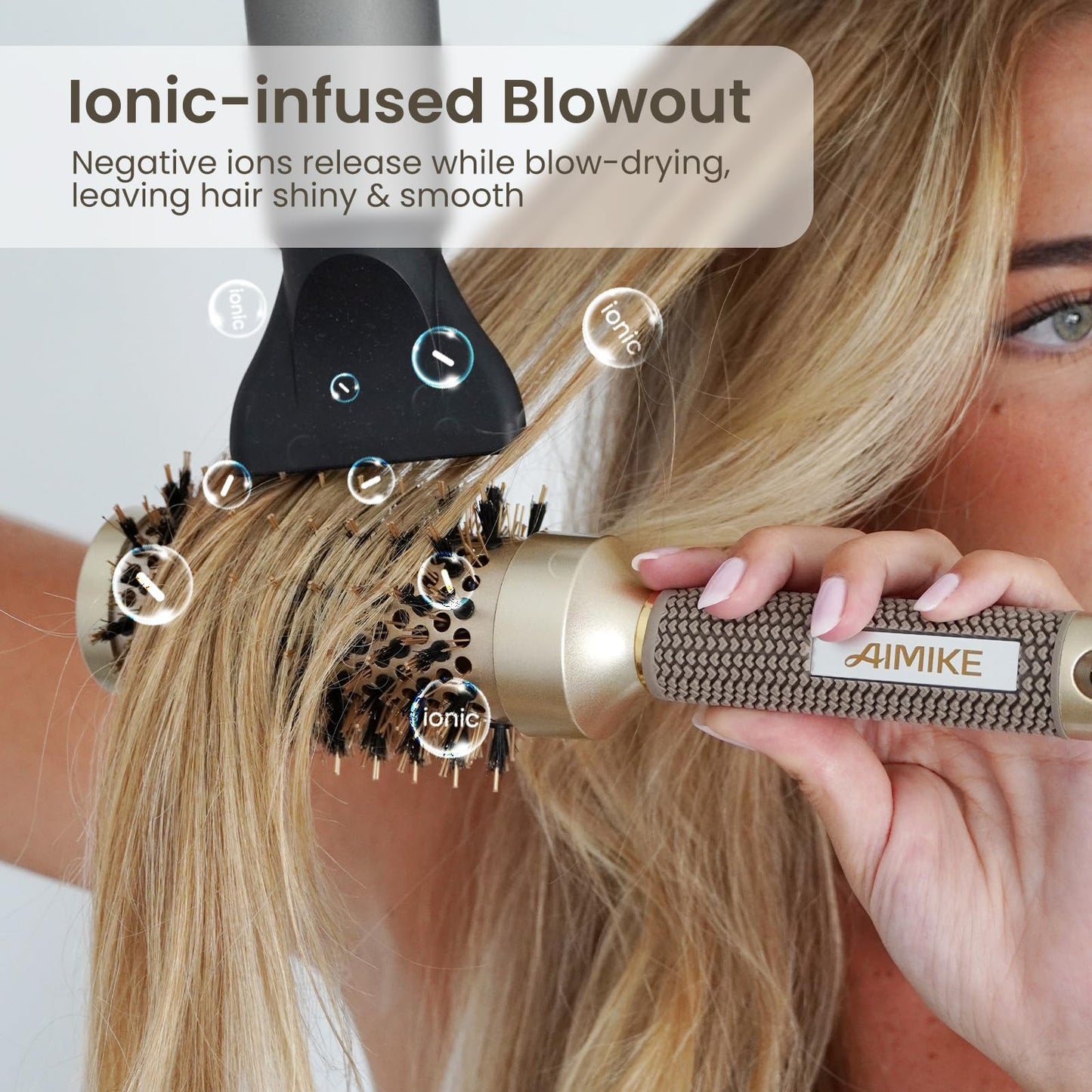 AIMIKE Round Hair Brush, Nano Thermal Ceramic & Ionic Tech Round Brush, RoundBrushes for Blow Drying with Boar Bristles, Barrel Brush for Styling, Curling, Add Volume & Shine (74mm, Barrel 43mm)