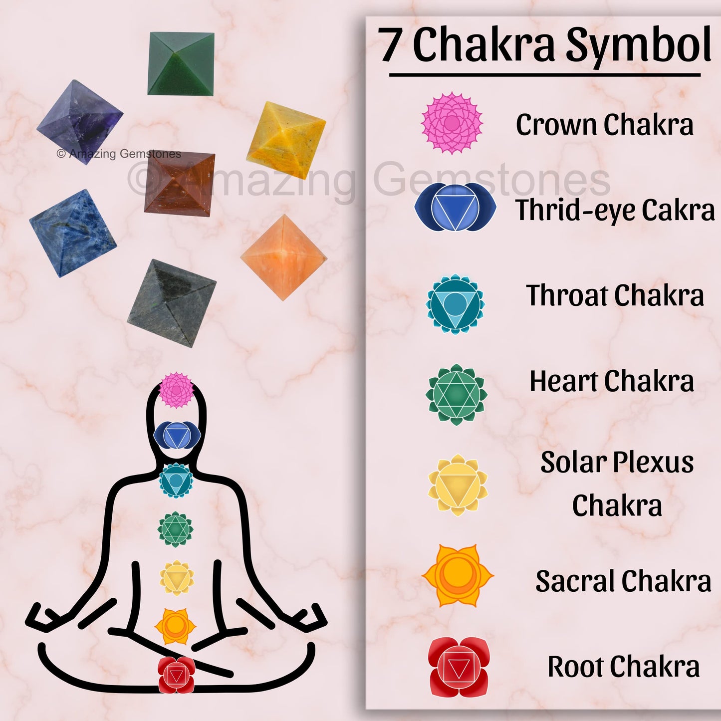 Amazing Gemstone 7 Chakra Pyramid Set for Reiki Healing Crystal with Engraved Reiki Symbols - Energy Balancing Polished Chakra Set with Velvet Pouch