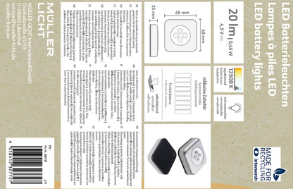 Müller-Licht 400136 LED Battery Pressure Light Set of 3 Including Adhesive Pad and 3 AAA Batteries 0.5 Watt Plastic Silver 6.8 x 6.8 x 2.5 cm
