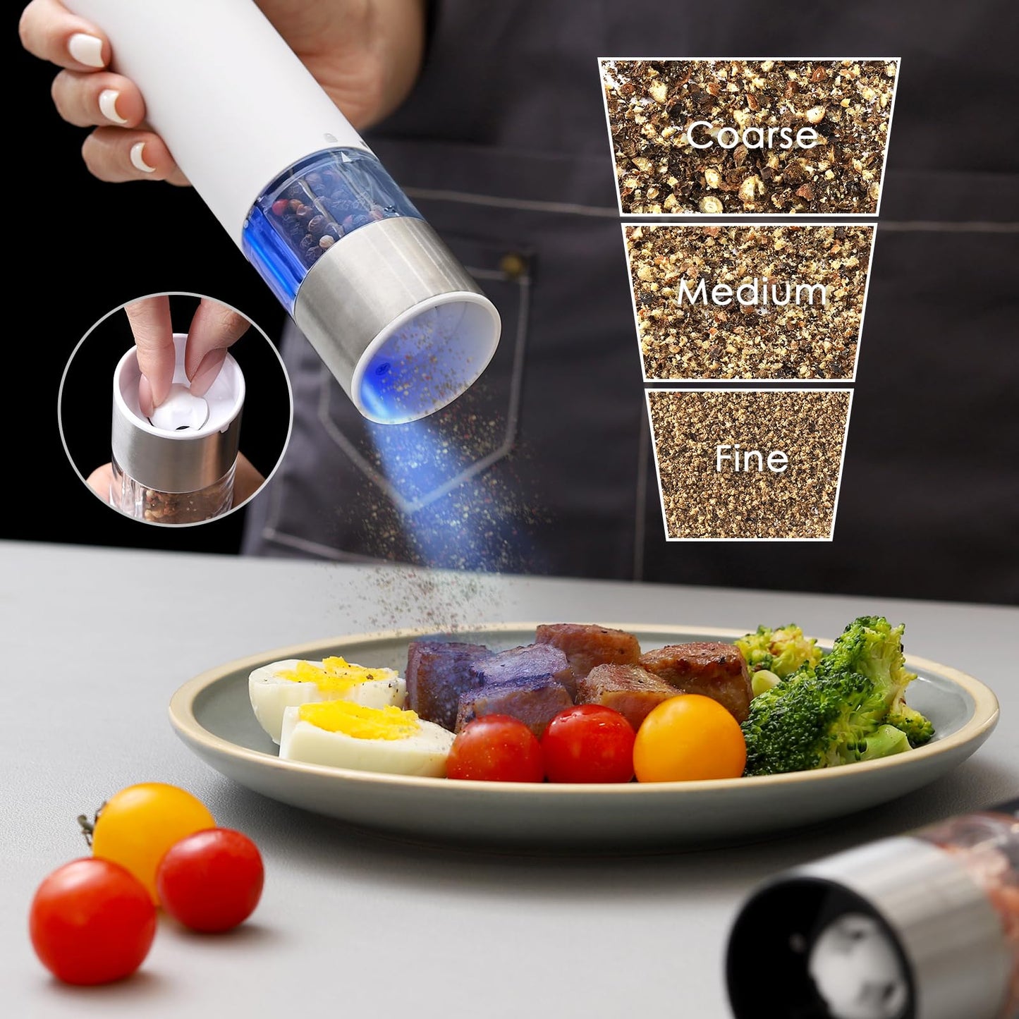 Vzaahu Electric Salt & Pepper Grinder Set Black & White Gorgeous Peppermill, Charging Indicator Light, Type-C Rechargeable, Long-lasting Battery-free, One-hand Operation, Home Cooking, Kitchen