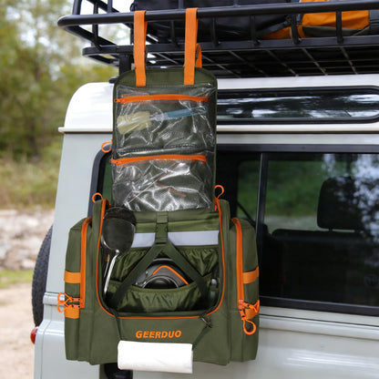 GeerDuo Tactical Camp Kitchen Organizer, Large Camping Utensil Storage Bag with Paper Towel Holder & Multi Pockets, Hanging Outdoor Cookware Organizer for Overlanding
