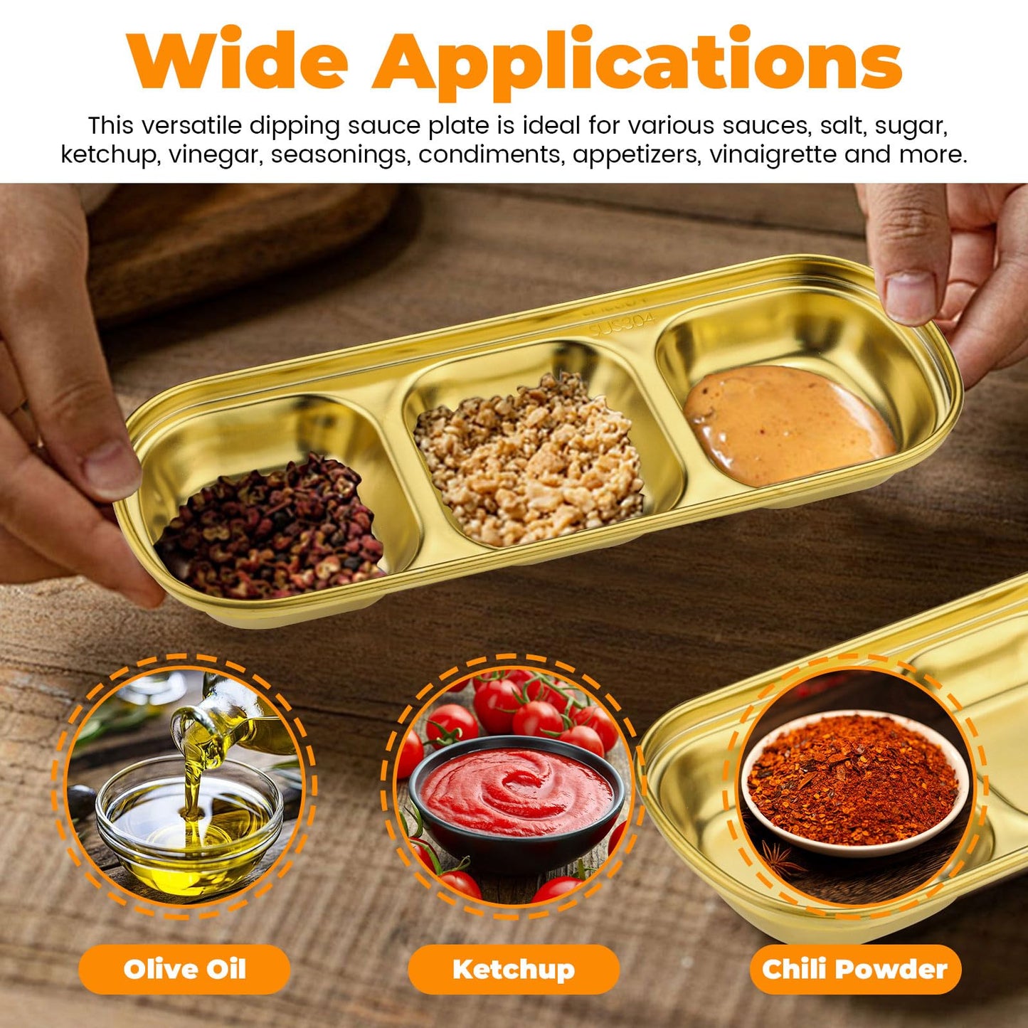 Sekonow Stainless Steel Soy Sauce Dish, 3 Grids Metal Dipping Bowls, Small Sauce Cups for Side Dishes Appetizer Dip Ingredient Prep Charcuterie, Gold Condiment Tray, 6 Pack