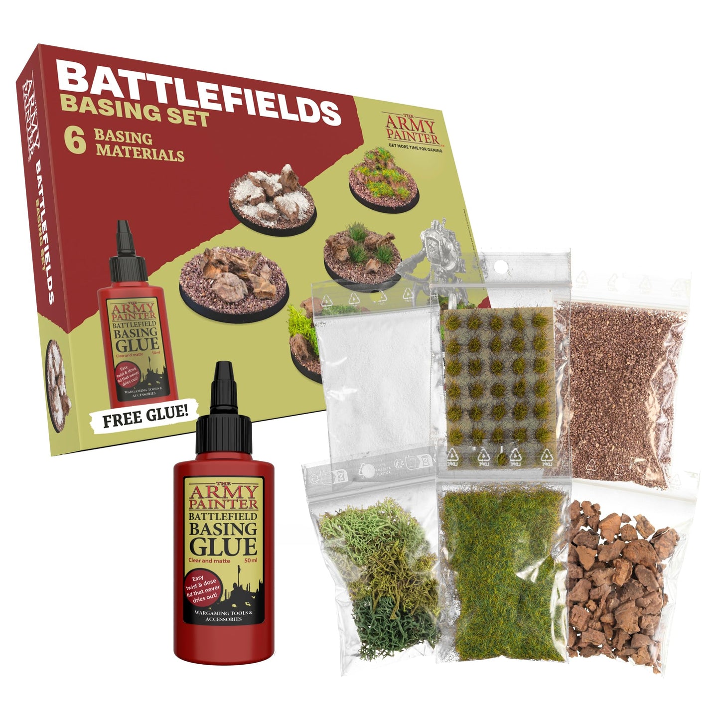 The Army Painter Battlefields Basing Set, 50ml PVA Glue, 35 Green Tufts, 1 Box of Fake Moss/Grass, Brown Battleground, Summer Undergrowth, Battle Rocks and Battlefield Snow for Warhammer 40k
