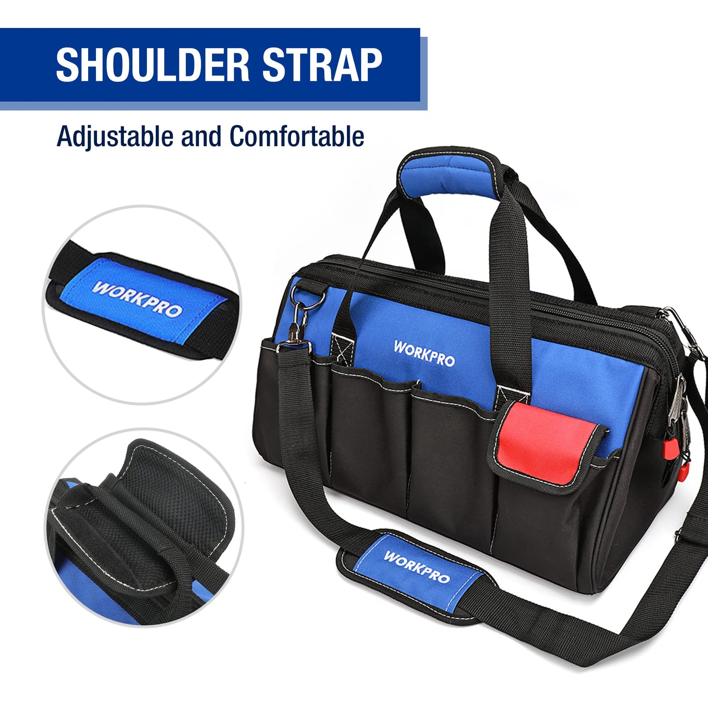WORKPRO 18-inch, Large Heavy Duty Tool Bag Organiser, Multi-Purpose Wide Open Mouth Storage Bag, Waterproof Electricians Tool Bag with Adjustable Shoulder Strap
