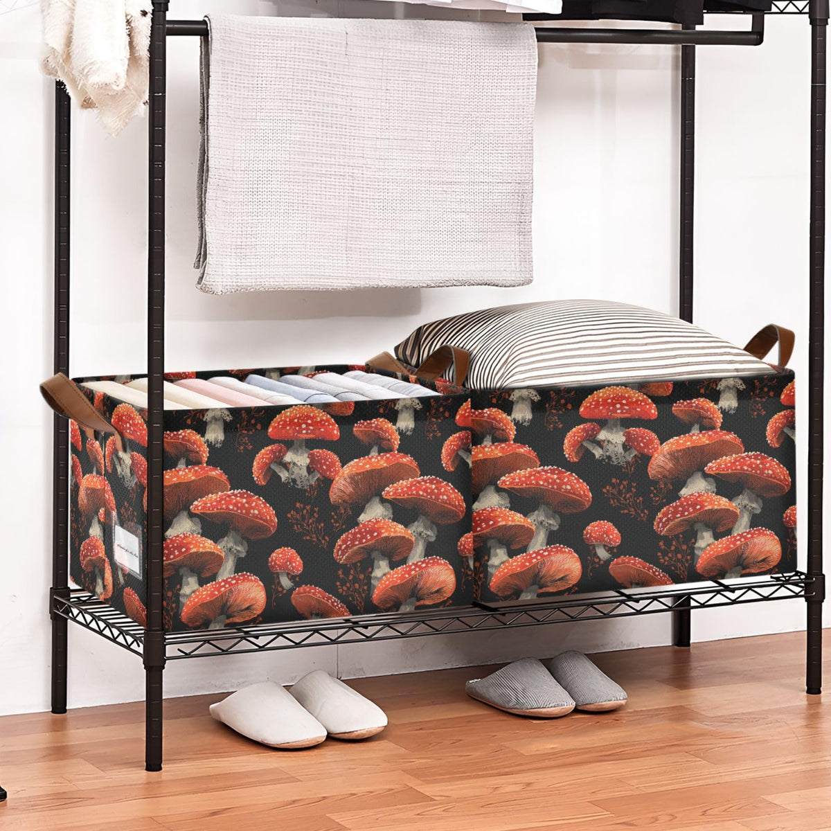 Red Mushrooms Amanita Mushroom Storage Basket Foldable Cube Storage Bins with Handles&Label Waterproof Collapsible Organizer Box Bin Large Rectangle Decorative Baskets for Shelves Home Room Laundry
