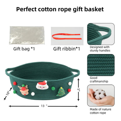 JUNBOLE Christmas Basket Empty with Gift Bag and Ribbons Woven Storage Basket13”x10”x5” Christmas Gift Baskets to Fill gifts Small Cotton Rope storage Basket(dark green, large)