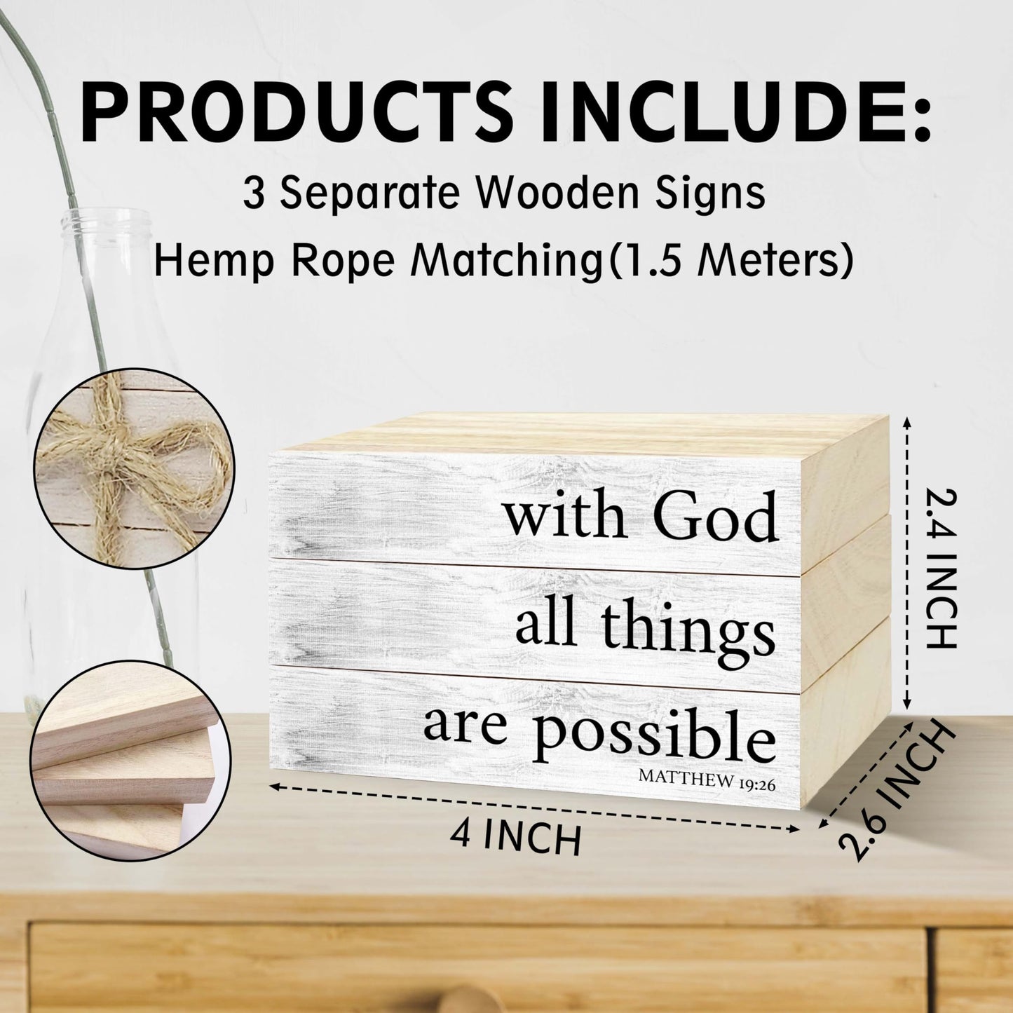 Mini Decorative Books For Home Decor, Small Christian Table Faux Wood Book Stack Decor, With God All Things Are Possible Bible Stacked Book Decor, Stack Display Book For Shelf, Three Pieces -A(02)